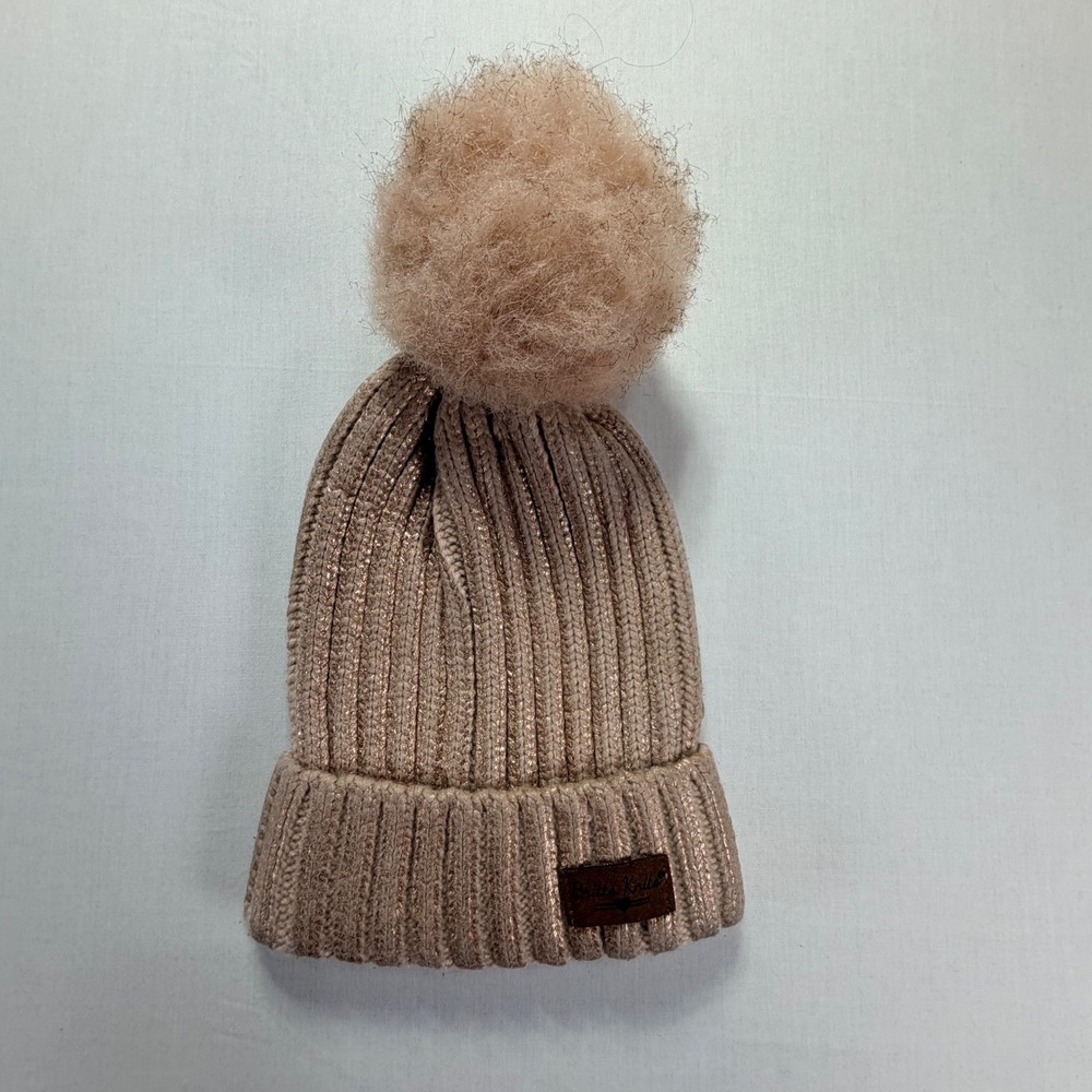 Britt's Knits Beanie Hat Rose Gold Metallic Ribbed Pom Pom‎